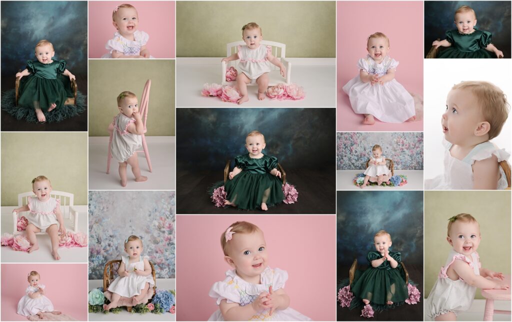 Collage of one-year milestone portraits of baby girl Kenzleigh at a Baton Rouge photography studio featuring four different outfits and girly themed setups.