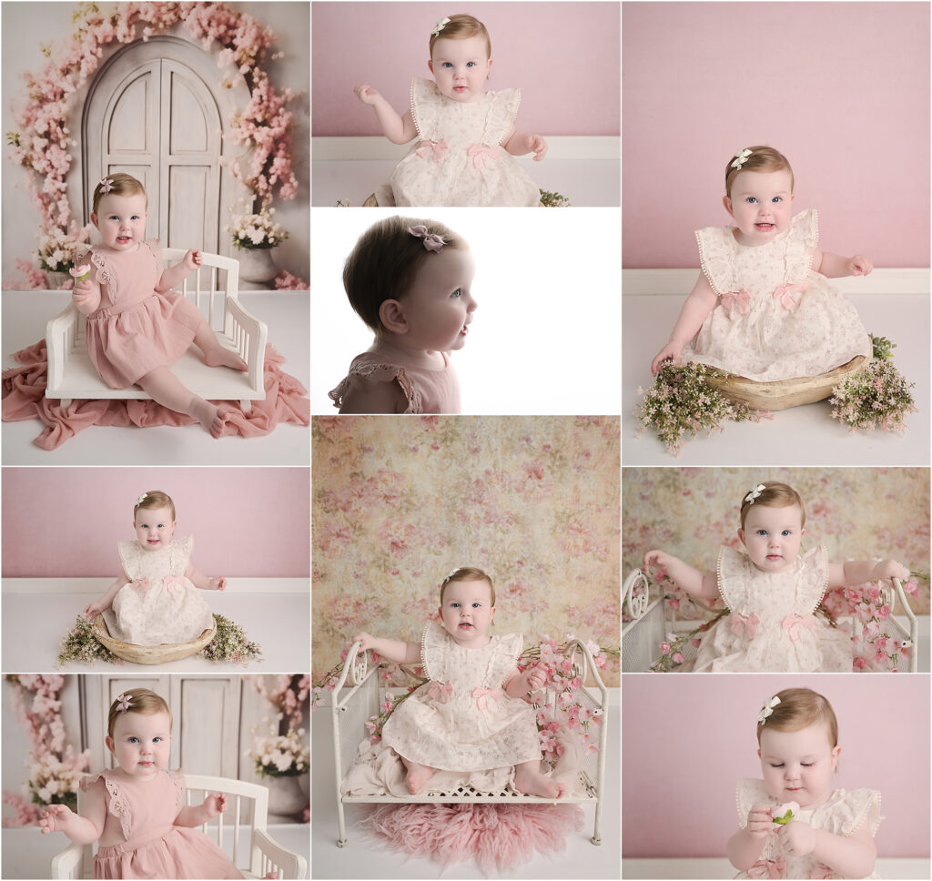 Collage of a 10-month-old baby girl smiling in pink floral milestone photography setups at a Baton Rouge photography studio.