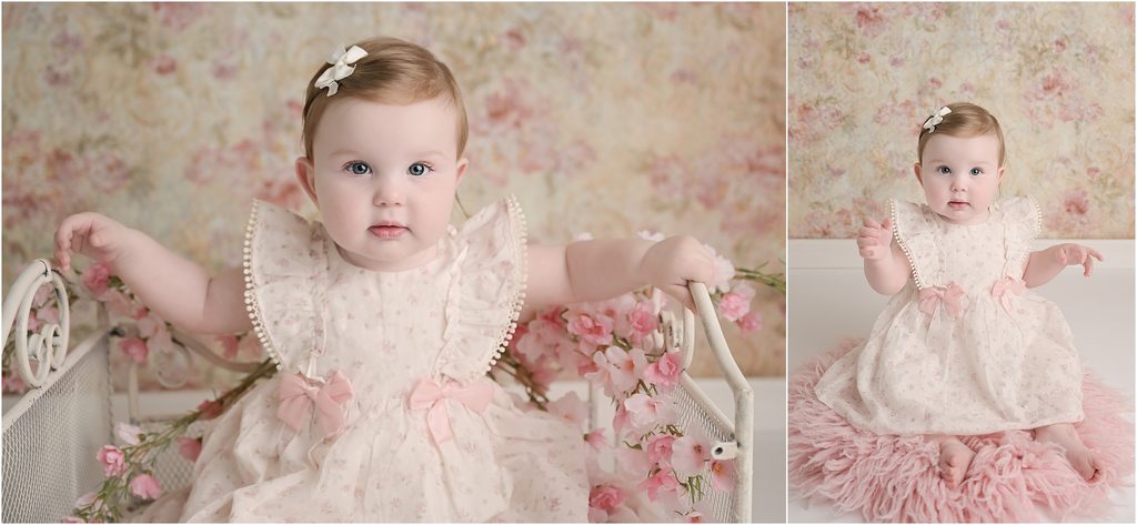 Pink floral themed setup for a 6 month baby girl photography session in Baton Rouge