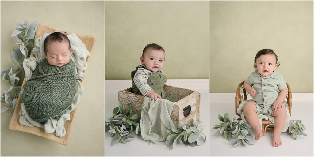 Three-image comparison showing the same baby boy as a newborn, at six months, and at one year in the same studio setup.