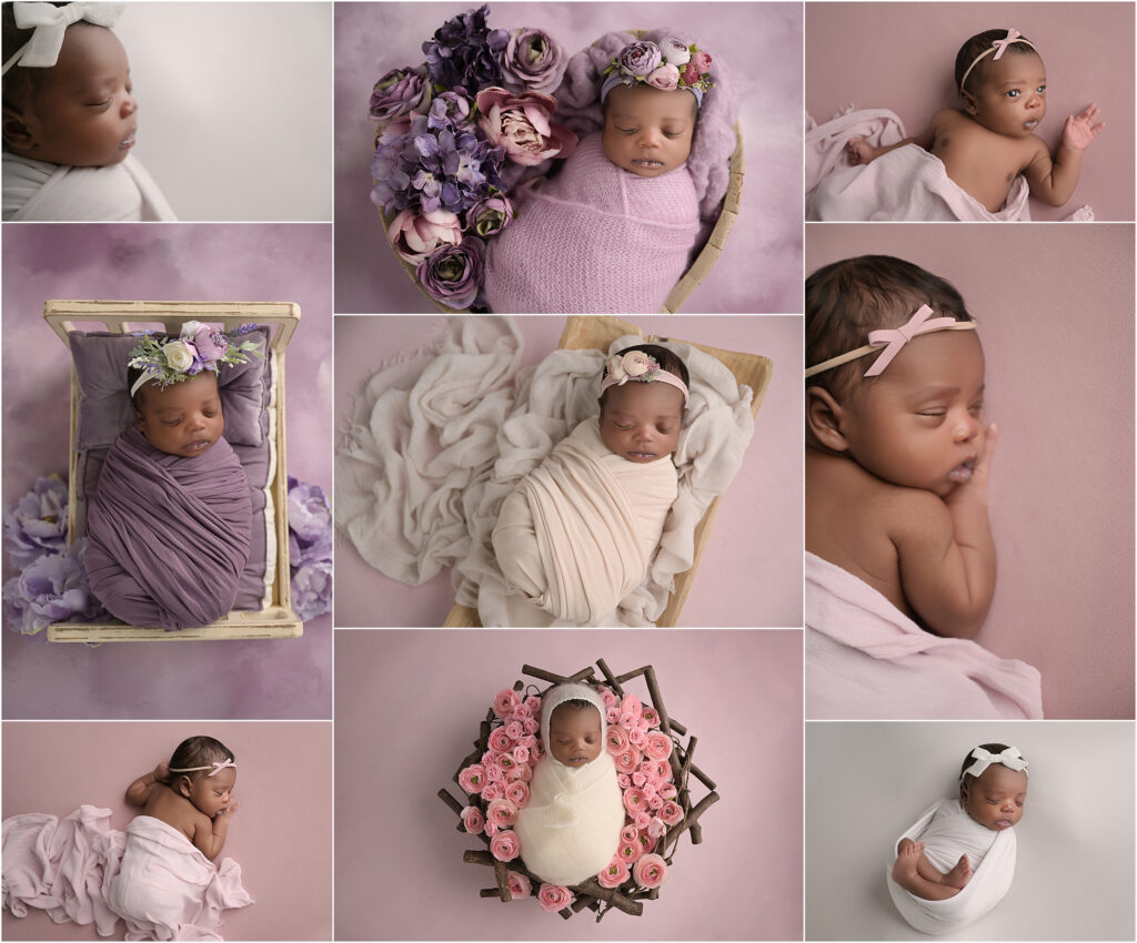 Collage of newborn portraits of baby girl Dylani featuring pink, purple, and warm neutral setups during her Petite Newborn Session at a Baton Rouge photography studio.
