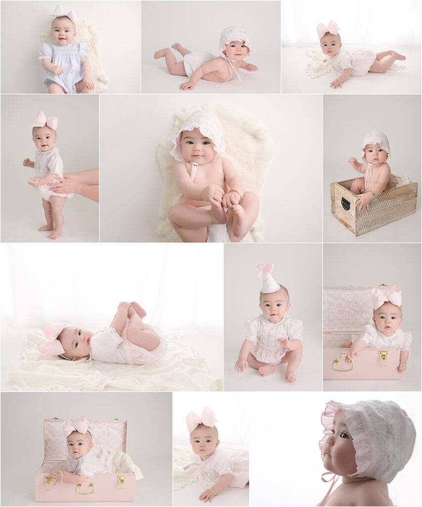 Collage of bright and airy six month milestone portraits of baby girl Ellie photographed at a Baton Rouge photography studio.