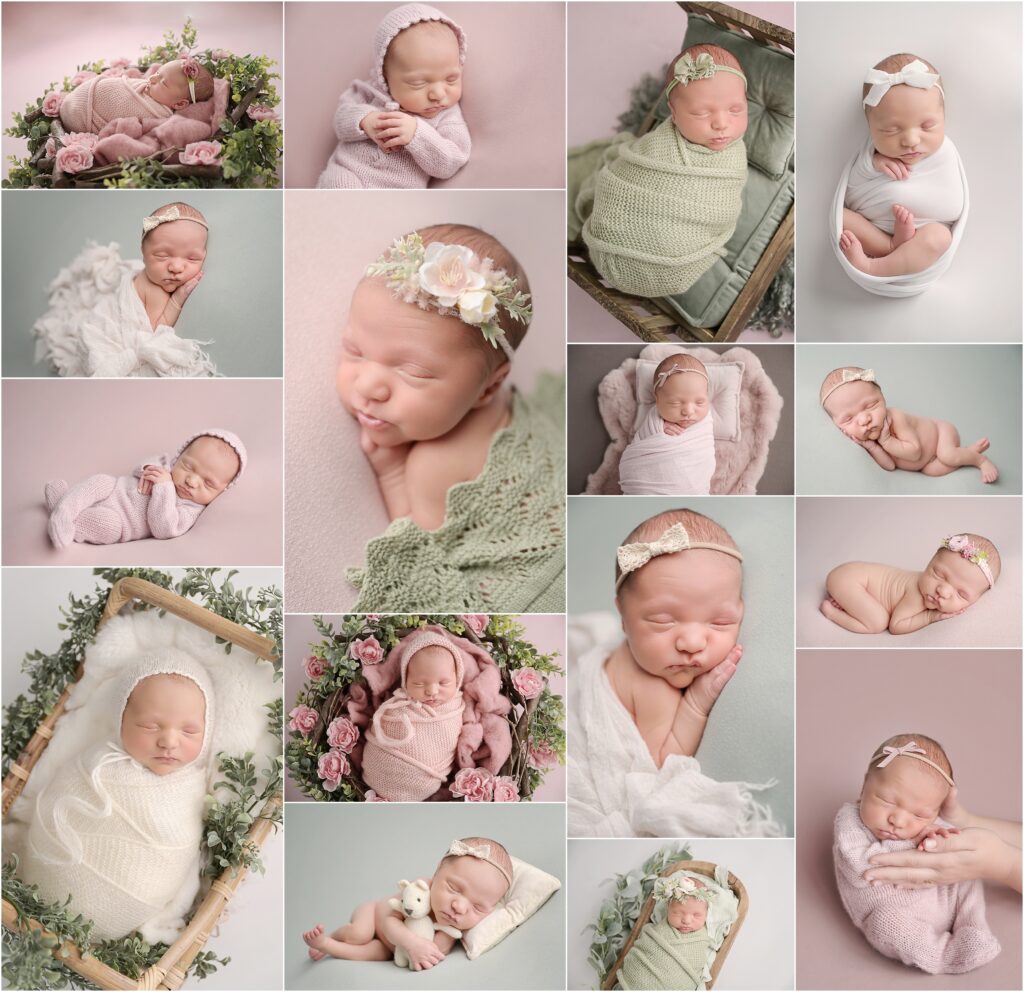 Collage of newborn portraits of 8-day-old baby girl Ila in pale pink, sage green, and neutral setups at a Baton Rouge newborn photography studio.