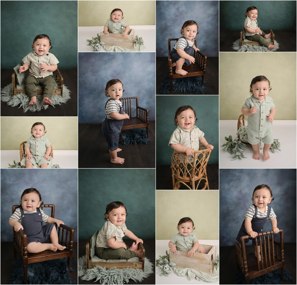 Collage of a smiling one-year-old baby boy during his JOY Plan milestone session at a Baton Rouge photography studio.