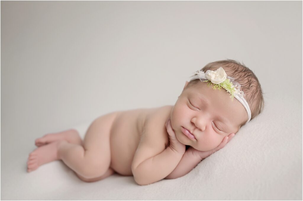 Newborn baby girl sleeping on her side with her hands near her face and wearing a small white floral headband
