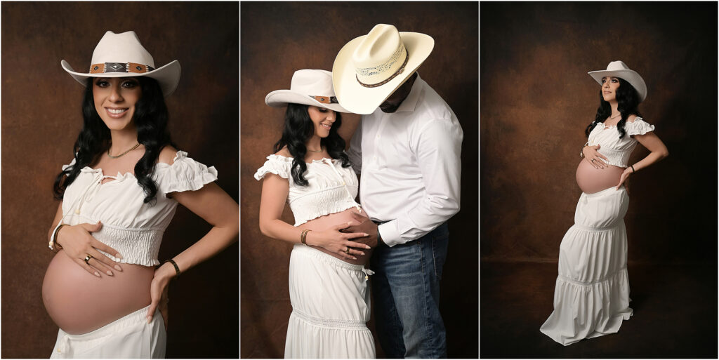 Pregnant woman wearing a white two-piece maternity dress and cowboy hat during a Baton Rouge maternity photography session