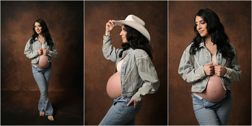 Pregnant woman wearing a denim jacket and cowboy hat during a Western-inspired maternity portrait session