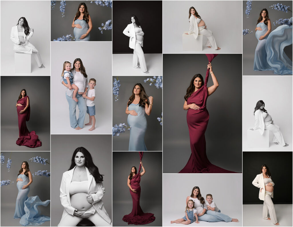 Luxury Baton Rouge maternity photography collage featuring expectant mother modeling a white suit and flowing silk tossing fabrics in a modern studio.