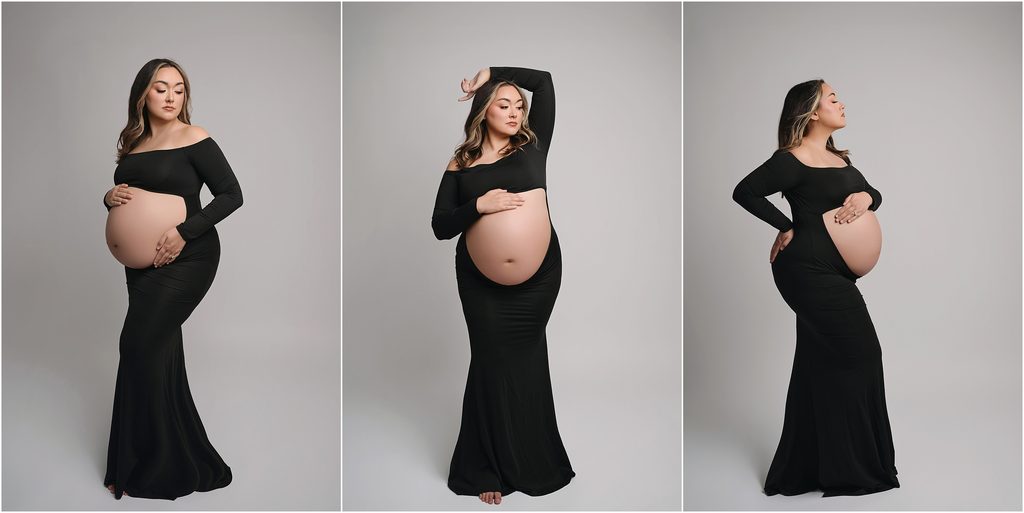 Full-length maternity portrait of pregnant mom wearing a formfitting black gown in a white studio