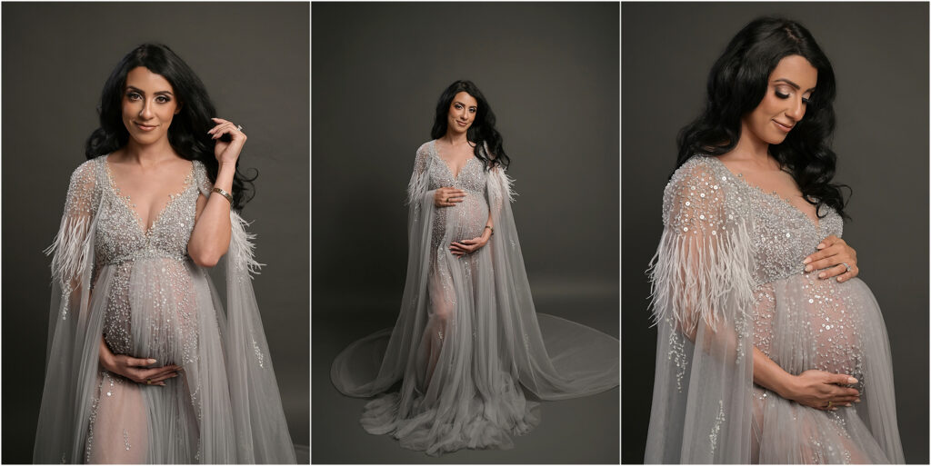 Pregnant woman wearing a glamorous silver beaded maternity gown in a Baton Rouge studio maternity session
