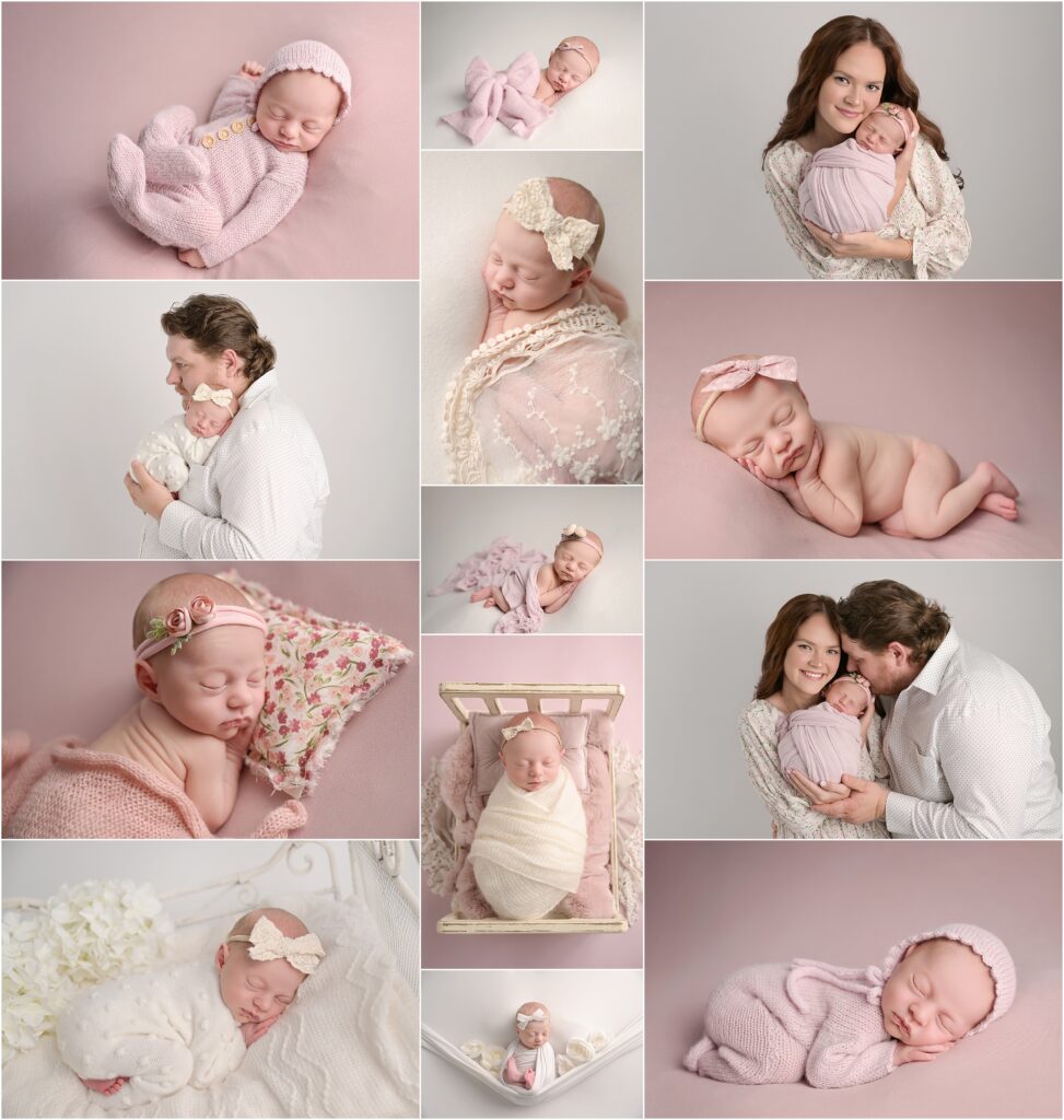 Newborn baby girl photography session featuring pink, ivory, and family portraits