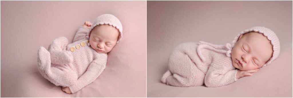 12-day-old baby girl sleeping in a pink footed romper and bonnet