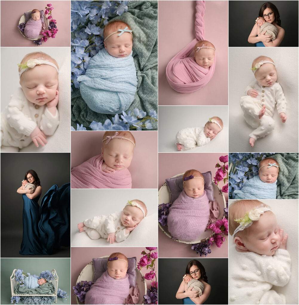 Newborn baby girl Birdie wearing a cozy white outfit during her professional newborn photography session in Baton Rouge.