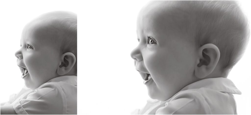 6 month old baby boy sitting in a brown wooden crib against a navy wainscoting backdrop during a Baton Rouge baby photography session