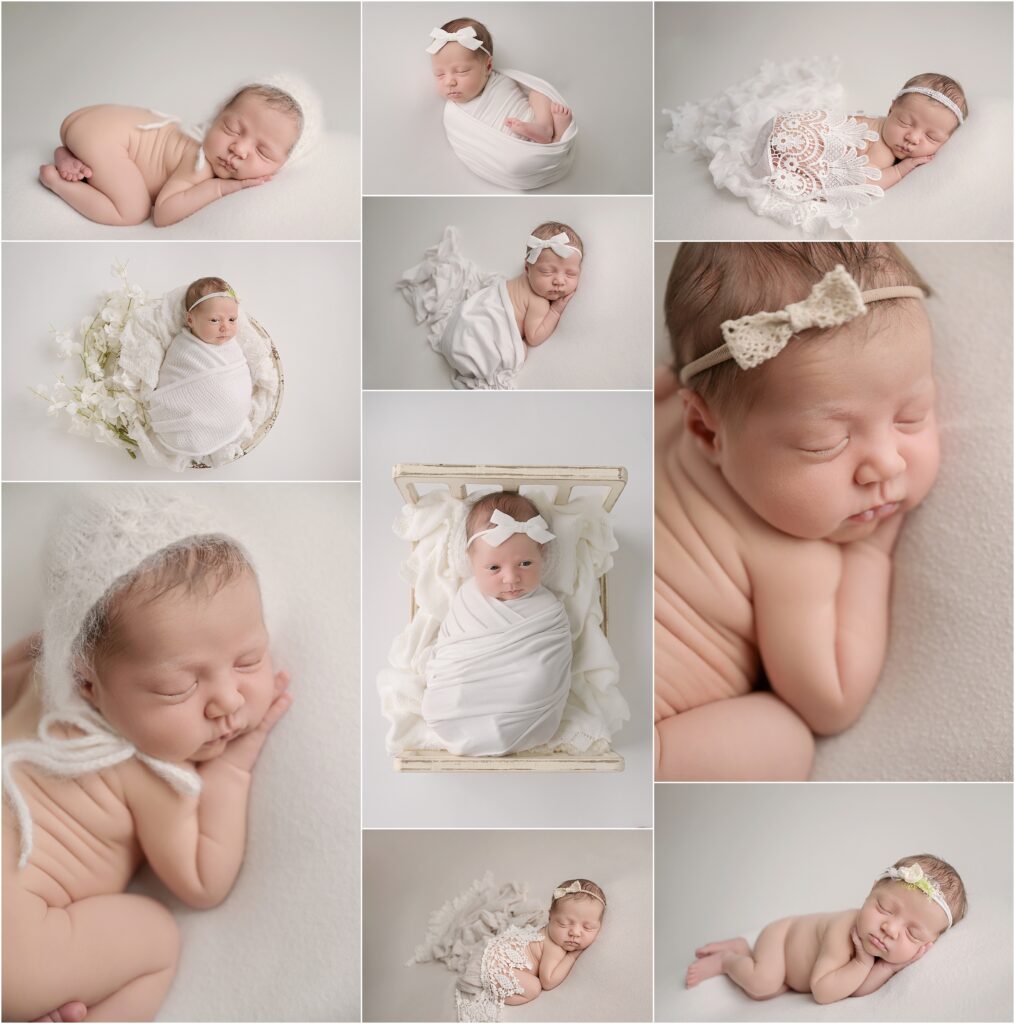 Collage of portraits from a newborn baby girl photography session featuring soft white wraps, a floral headband, and a knit bonnet