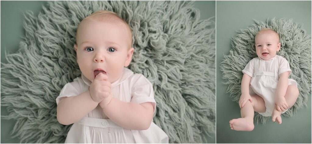 6 month old baby boy lying on a sage green rug and looking up at the camera during a Baton Rouge baby photography session