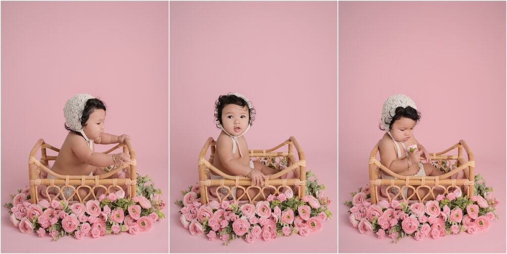 Three portraits of a 6-month-old baby girl posed on a pink backdrop with pink roses