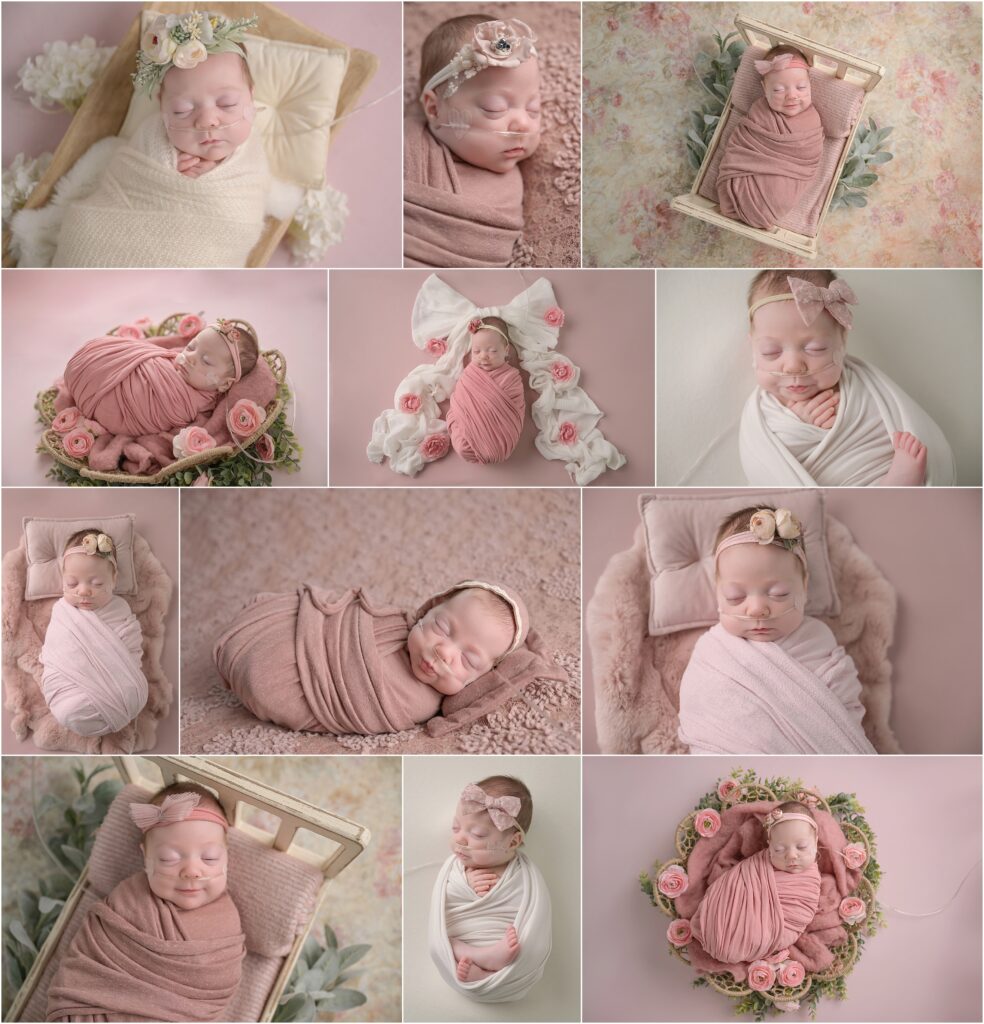 Collage of premature baby girl Presleigh's newborn portraits in pink, ivory, and floral setups in Baton Rouge.