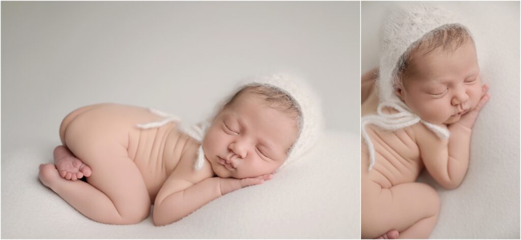 Newborn baby girl peacefully sleeping while wearing a soft white knit bonnet
